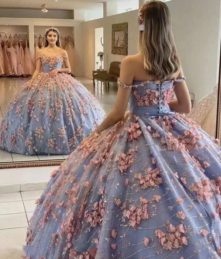 Ball Gown Off The Shoulder Prom Dress With Flowers, Gorgeous Long Quinceanera Dress       fg1691