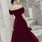 Wine Red Short Velvet Evening Dresses, Off Shoulder Prom Dresses Bridesmaid Dress   fg1434