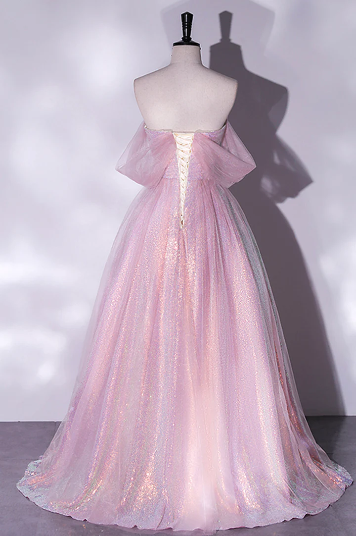 Pink Tulle Sequins Long Prom Dress, A-Line Formal Graduation Dress    fg2938