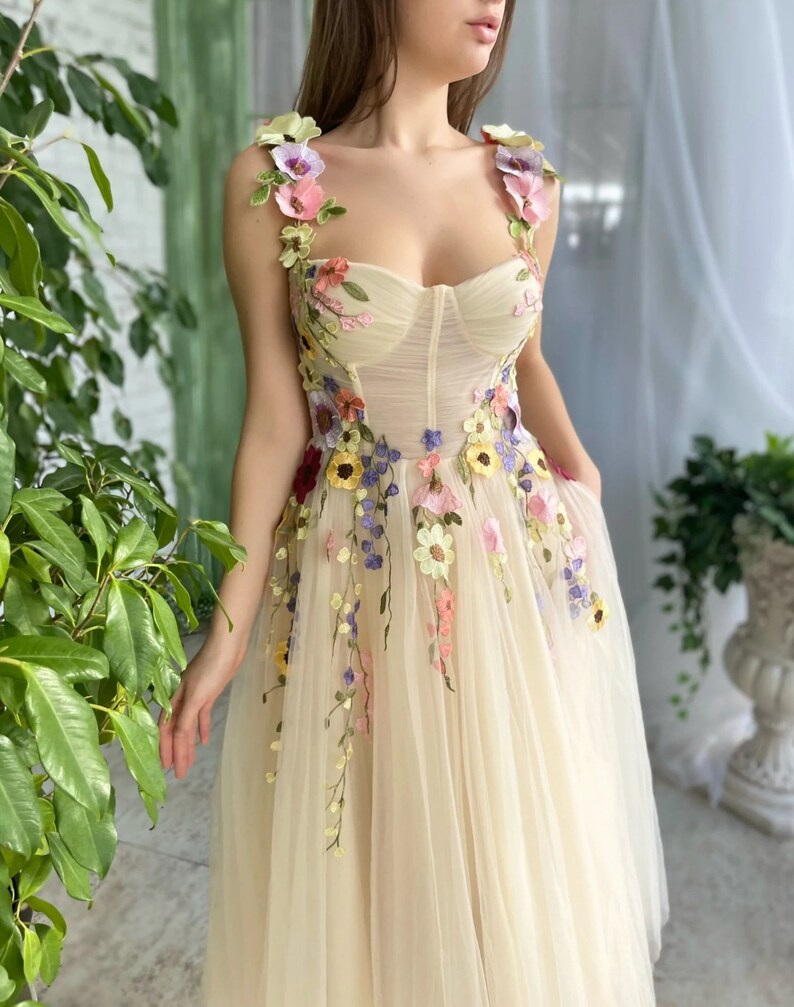 Light Champagne Ankle-Length Evening Gowns Colorful Pattern Appliques Formal Party Dresses 3D Flowers Straps Prom Dress   fg251