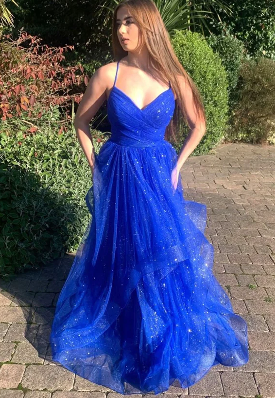 Blue tulle long prom dress A line evening gown     fg1117