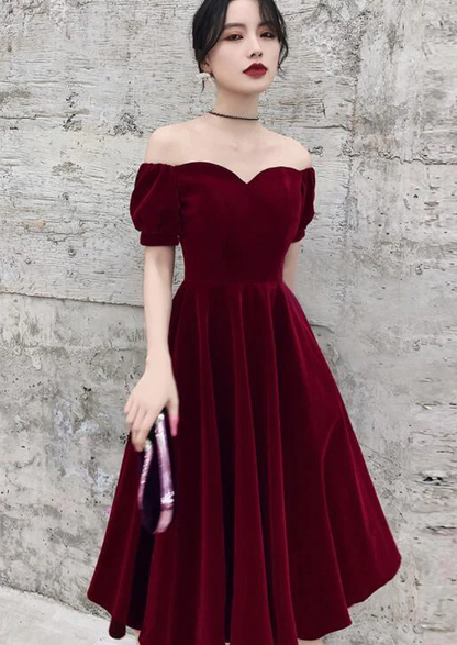 Wine Red Short Velvet Evening Dresses, Off Shoulder Prom Dresses Bridesmaid Dress   fg1434