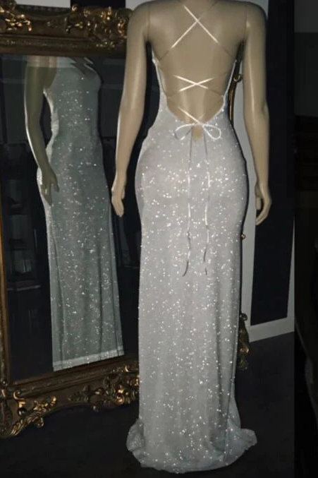 2023 Silver Halter Sequins Prom Dresses     fg1386
