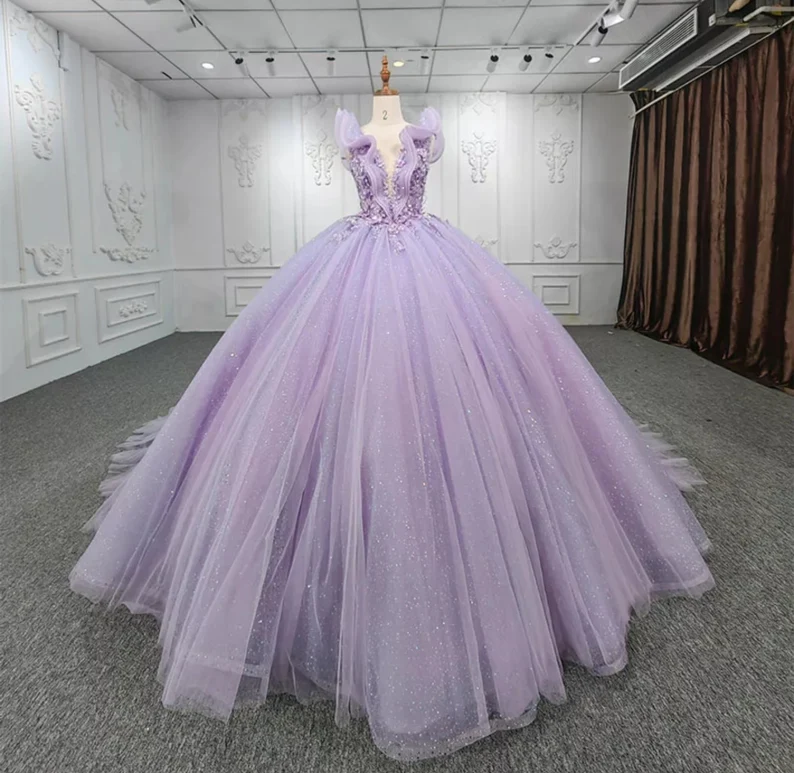 Shimmering Beaded Layered & Ruffled Deep V Neck Quinceañera Princess Ball Gown   fg2712
