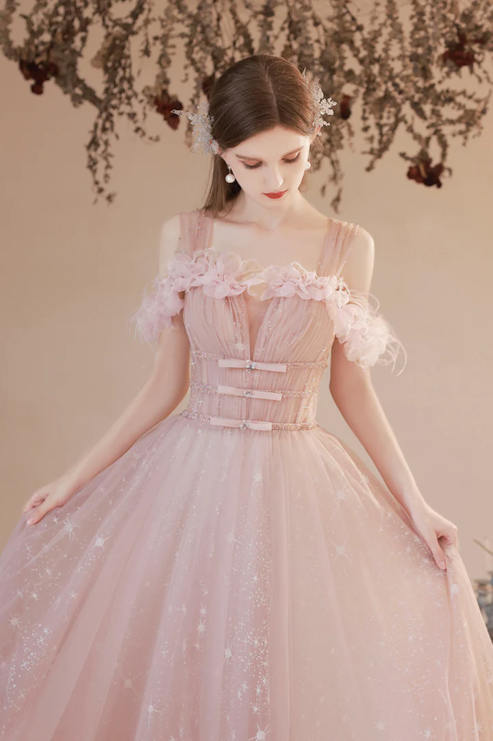 Pink tulle long prom dress A-line evening dress     fg2222