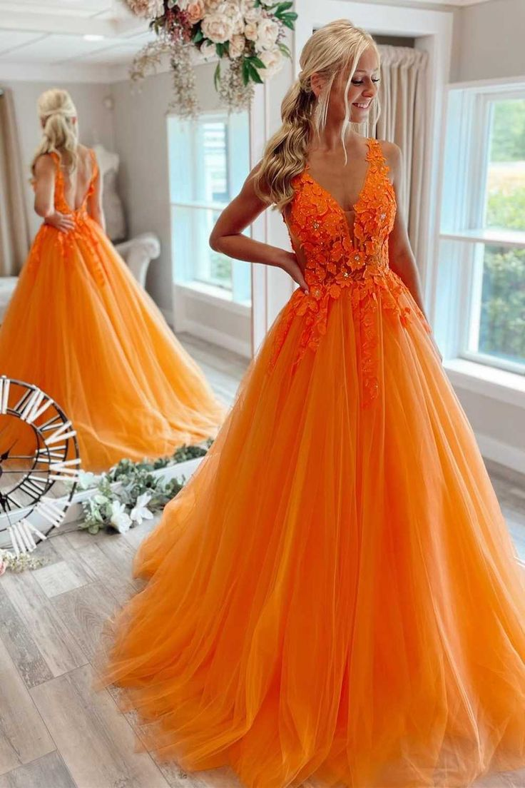 Gorgeous Orange V-Neck Floral Tulle Long Prom Dress    fg3198