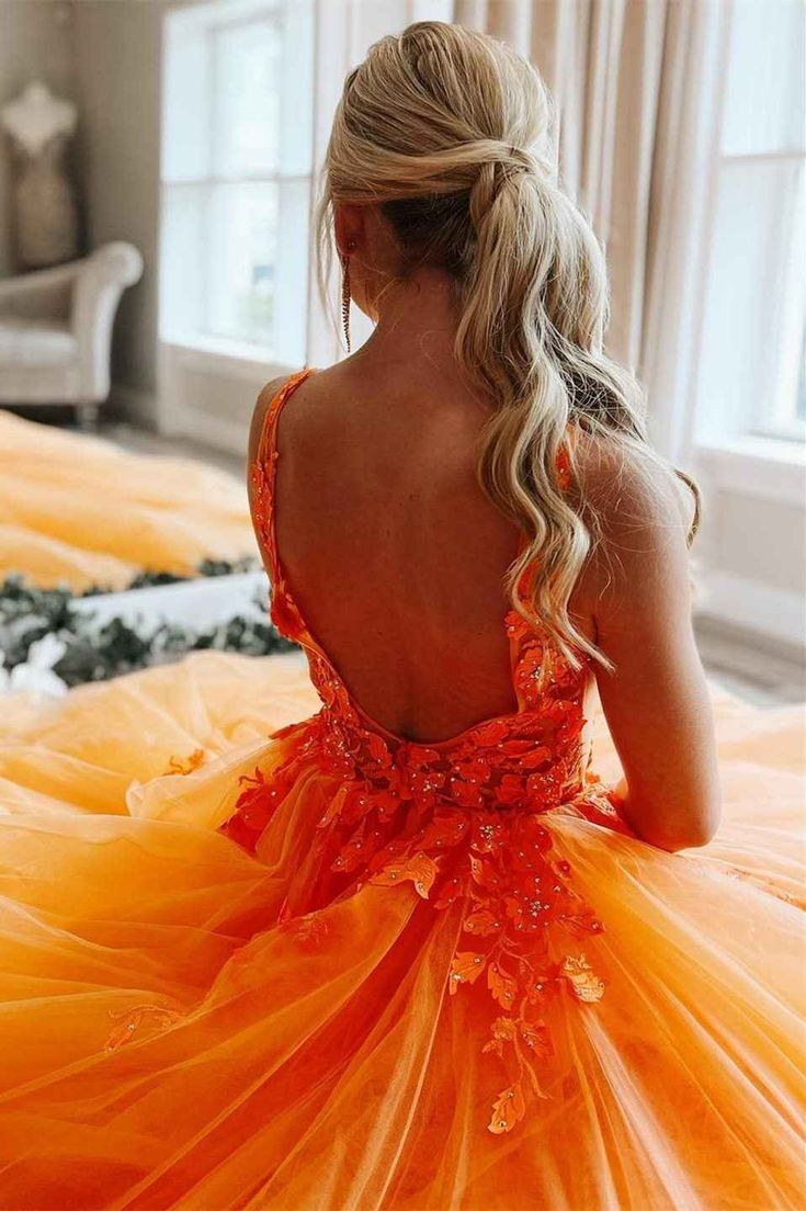 Gorgeous Orange V-Neck Floral Tulle Long Prom Dress    fg3198