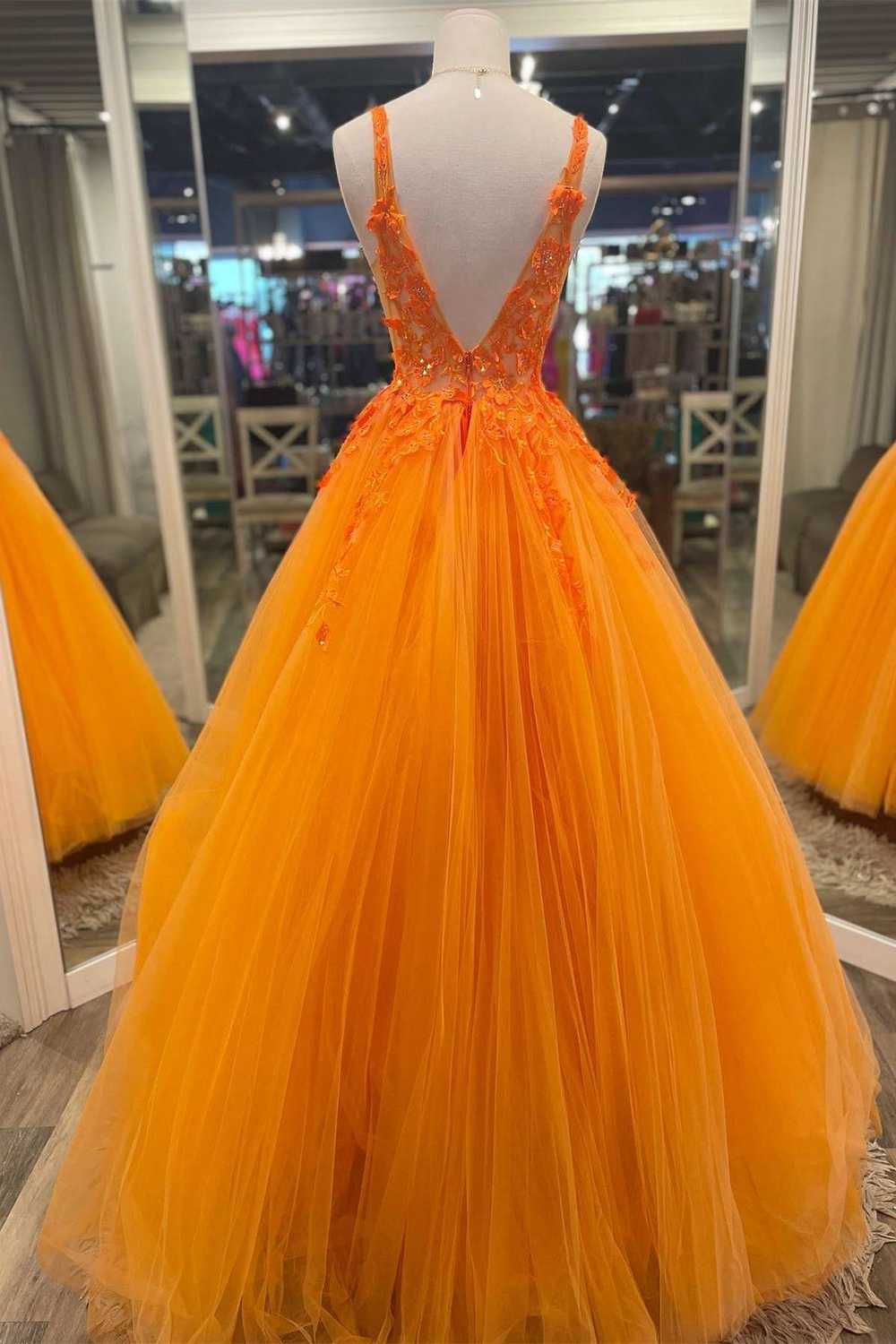 Gorgeous Orange V-Neck Floral Tulle Long Prom Dress    fg3198