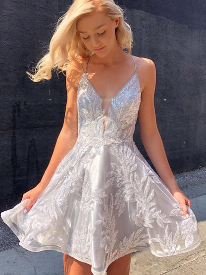 Silver V-Neck Luxury Beaded Satin Short Prom Dress Homecoming Dress    fg103