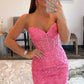 Hot Pink Appliques Strapless Lace-Up Bodycon Mini Homecoming Dress    fg11