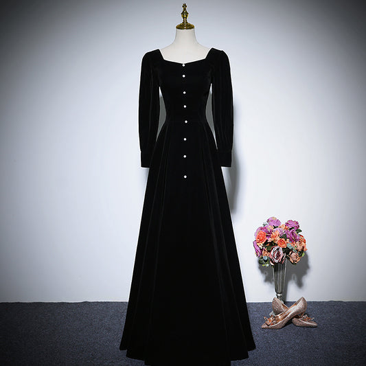 Black velvet evening dress long-sleeved party gowns prom dress      fg156