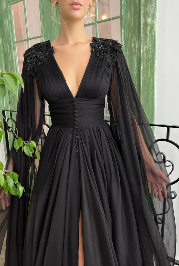 Black V-neck chiffon long prom dress A-line evening dress     fg259