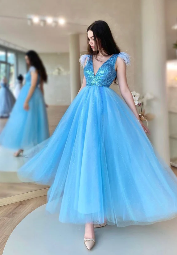 Blue V-neck tulle sequins long prom dress A-line evening dress       fg261