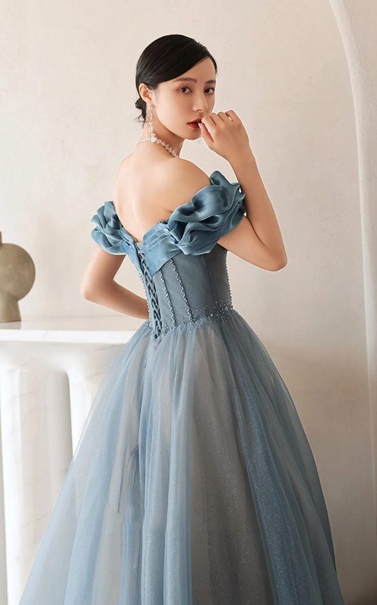 Blue tulle long A line prom dress off shoulder evening dress    fg277
