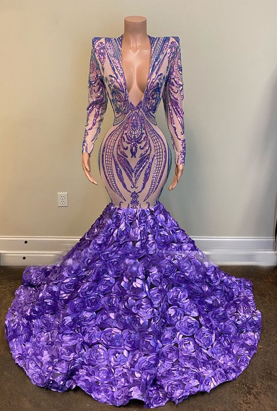 Sparkly purple evening dresses long sleeve v neck elegant mermaid modest sequin applique formal evening gown      fg303
