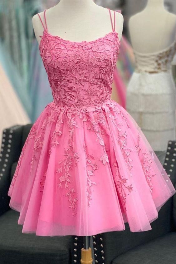 A-line hot pink lace appliqued short homecoming dress 16st birthday dress      fg445