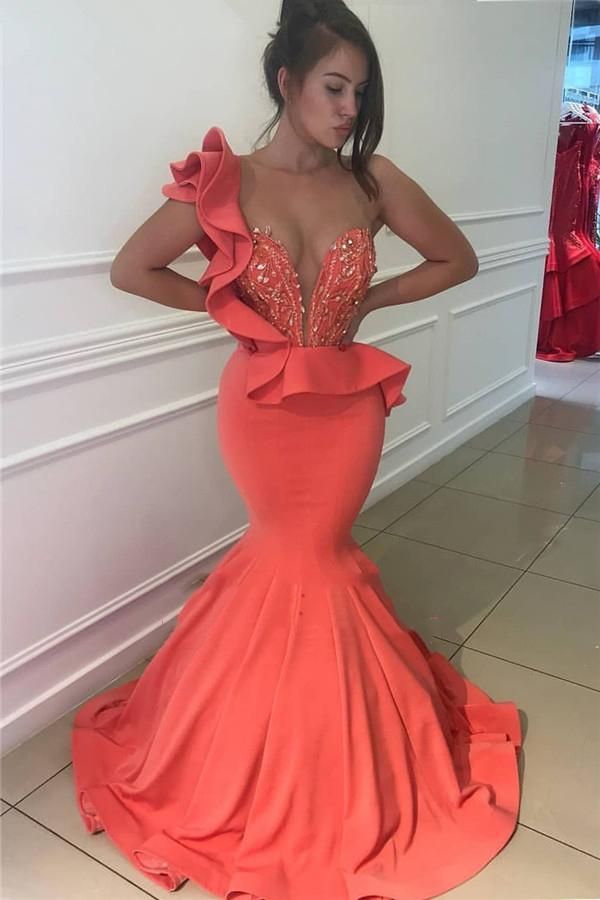 2023 Sexy Mermaid Prom Dresses Satin Coral One Shoulder Beaded Sweetheart Ruffles         fg459