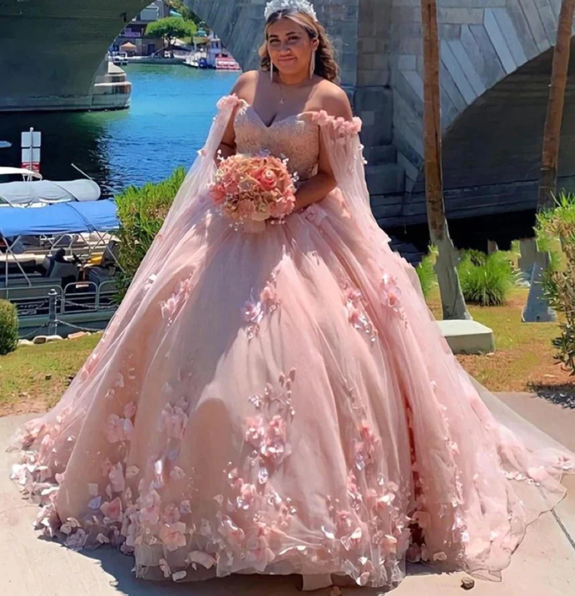 Tulle Long Pink Prom Dresses Sweetheart Handmade Flowers Tulle Quinceanera Dresses with Flutter Sleeves Sweet 16 Prom Gowns       fg485
