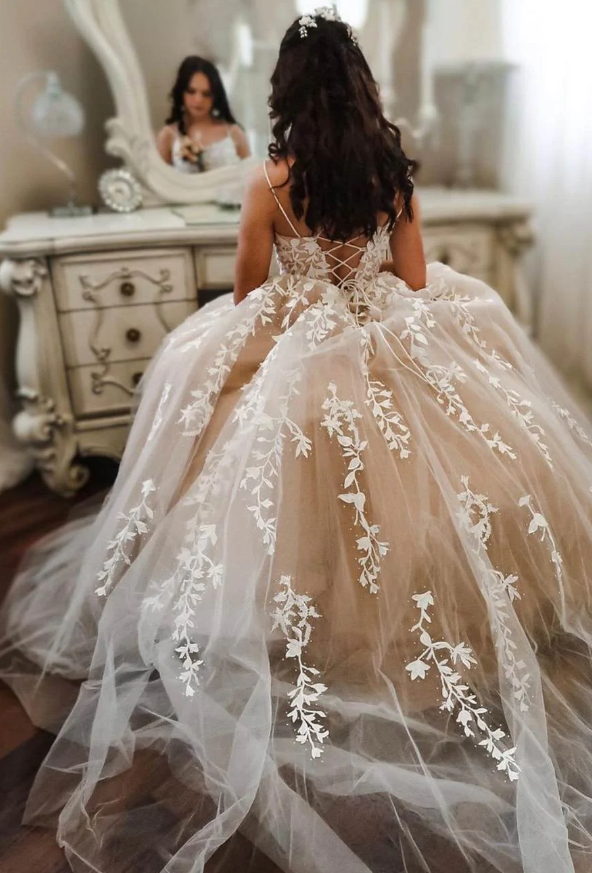 Princess Ivory Lace Appliques Long Princess Dress prom dress     fg493