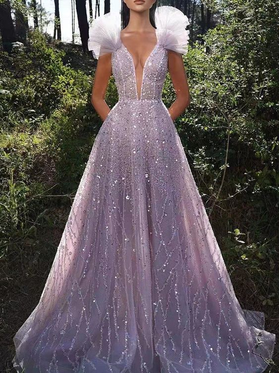 Shiny Elegant V-Neck Applique Solid Color Spaghetti-Neck Maxi Dress Prom Dress    fg509