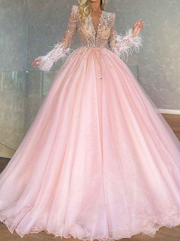 Elegant Deep V-Neck Shiny See-Through Feathers A-Line Evening Maxi Dress Pink Prom Dress     fg512