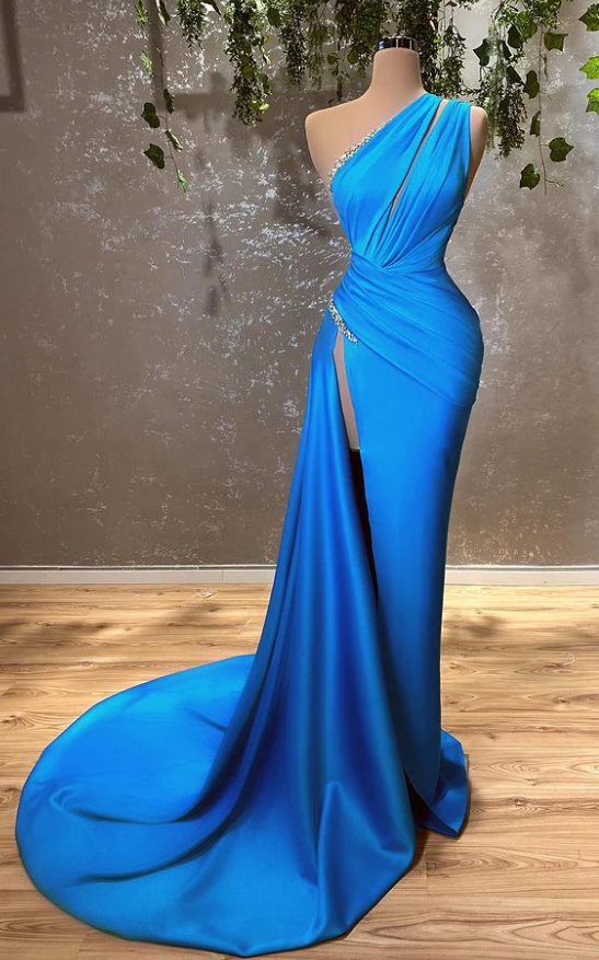 Sexy Blue One Shoulder Split Mermaid Prom Dress With Beads    fg641