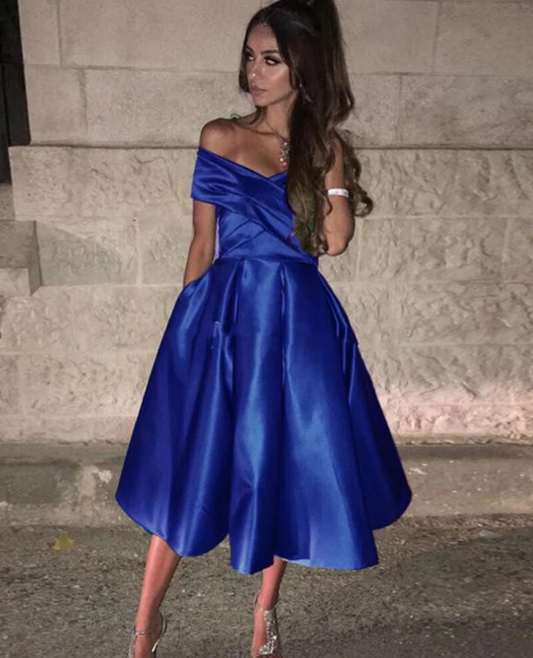 Royal Blue Knee Length Off the Shoulder Girls Homecoming Dress Short Graduation Dress     fg642