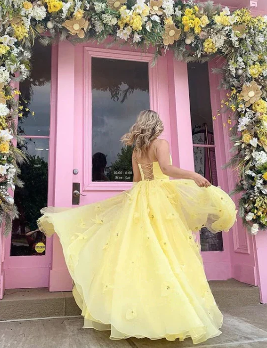 Straps Tulle Bodice 3D Flowers With Back Lace Up Yellow Long Prom Dress    fg663