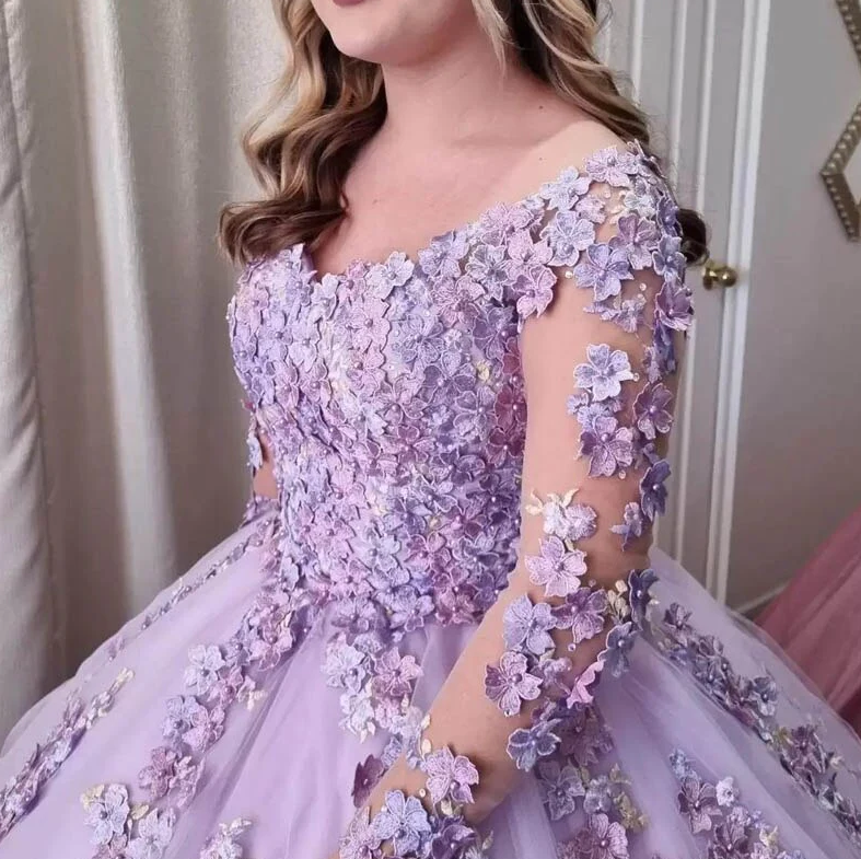 Lilac Ball Gown 3D Floral Lace Applique Long Sleeve Special Occasion Dress Sweet 16 Dress      fg665