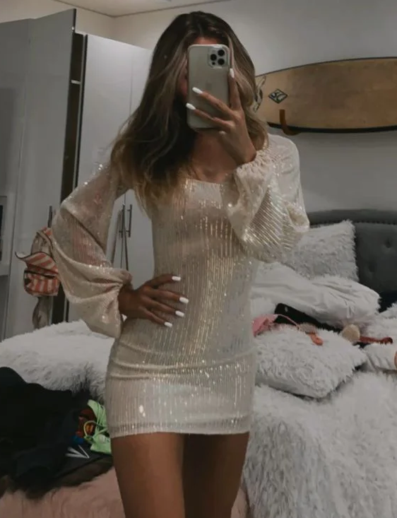 Puff Long Sleeve Mini Party Dress Sequin Homecoming Dress      fg737