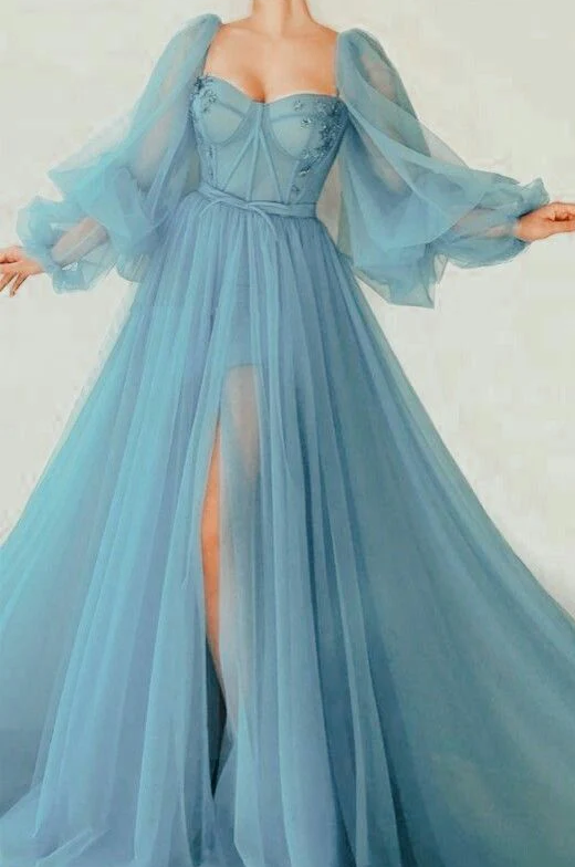 Modest Evening Dress Custom Made Tulle Light Sky Blue Prom Dresses       fg757