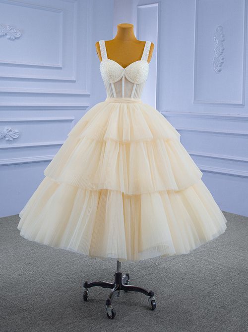 Champagne Tulle Straps Tiers Beading Short Prom Dress   fg778