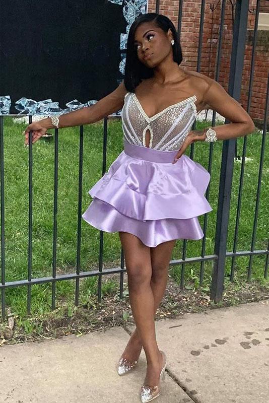 V Neck Purple Strapless Homecoming Dresses Satin Sequins Above Knee Short Prom Dress       fg829