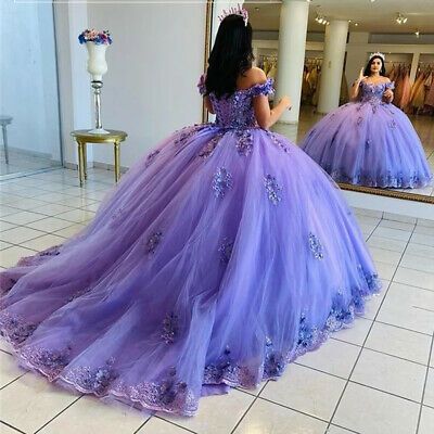 Purple Quinceanera Dresses Off The Shoulder Ball Gown 3D Floral Sweet 16 Dresses     fg895