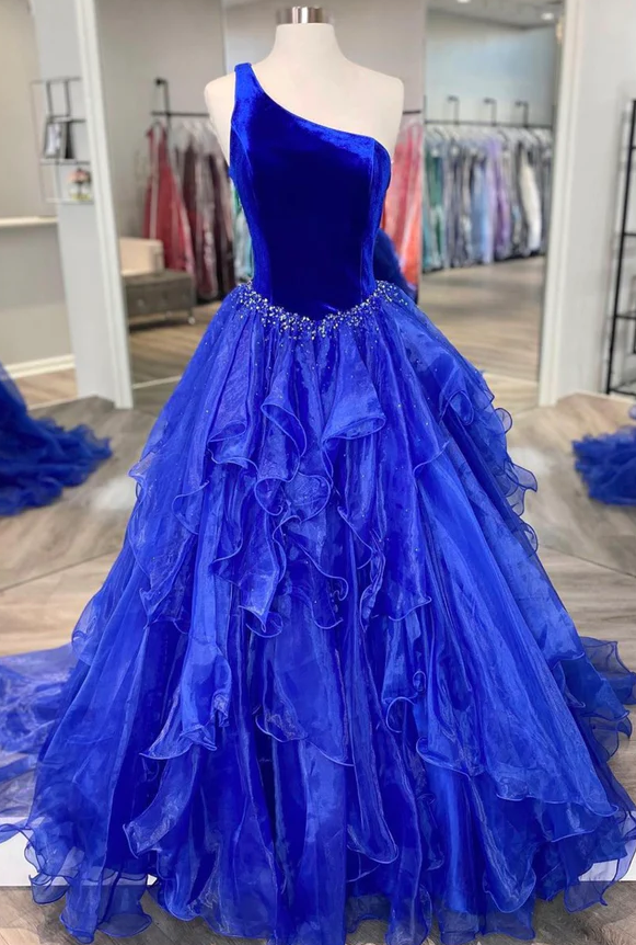 Blue velvet tulle long prom dress A-line evening dress         fg953