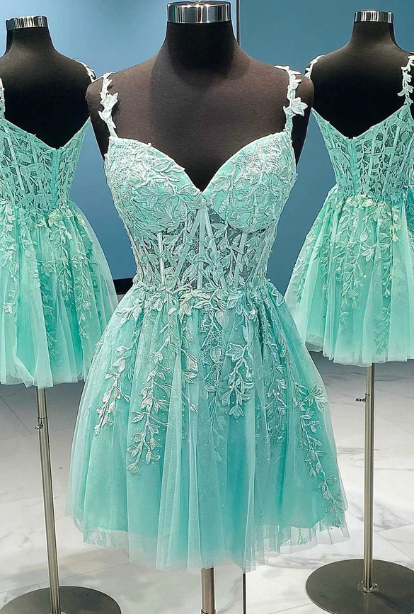 Green tulle lace short prom dress homecoming dress     fg955