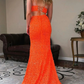 Two Piece Orange Sequins Long Prom Dress      fg988