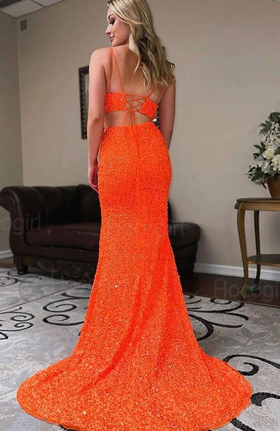 Two Piece Orange Sequins Long Prom Dress      fg988