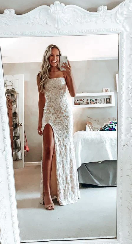 simple white prom dress,modest slit evening dresses      fg991